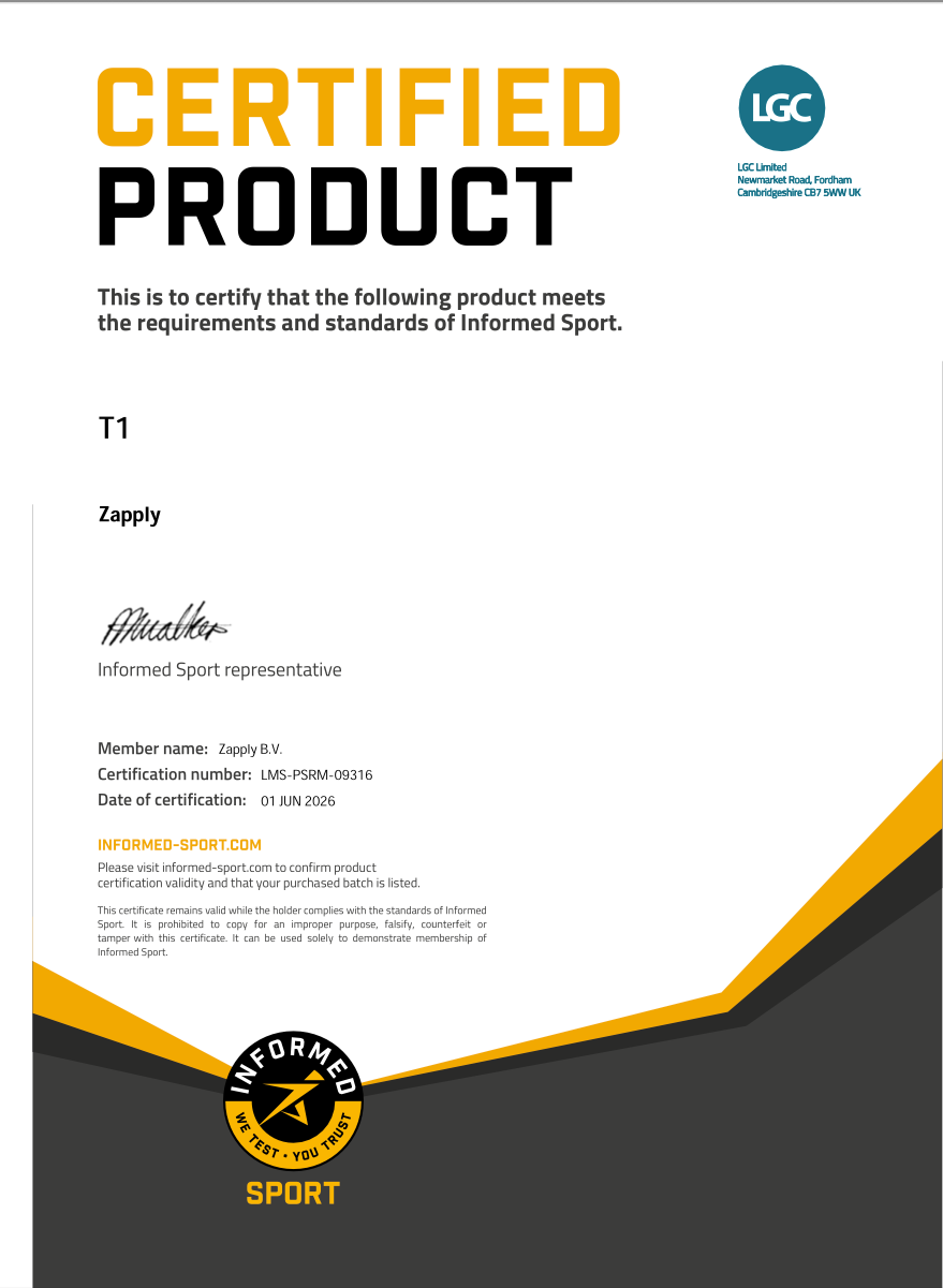 Informed Sport certificate for Zapply T1